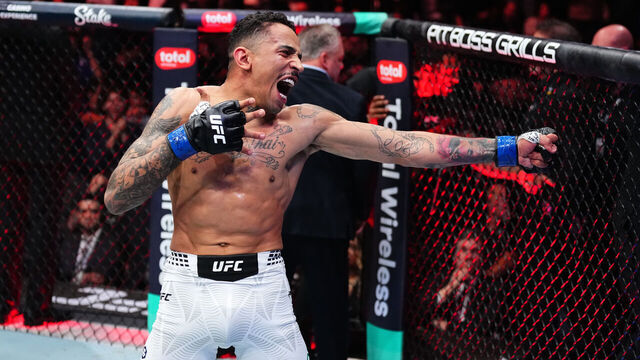 NEW YORK, NEW YORK - NOVEMBER 15: Carlos Prates of Brazil celebrates his win over Leon Edwards of Jamaica in a welterweight fight during the UFC 322 event at Madison Square Garden on November 15, 2025 in New York City.