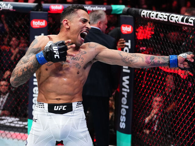 NEW YORK, NEW YORK - NOVEMBER 15: Carlos Prates of Brazil celebrates his win over Leon Edwards of Jamaica in a welterweight fight during the UFC 322 event at Madison Square Garden on November 15, 2025 in New York City.