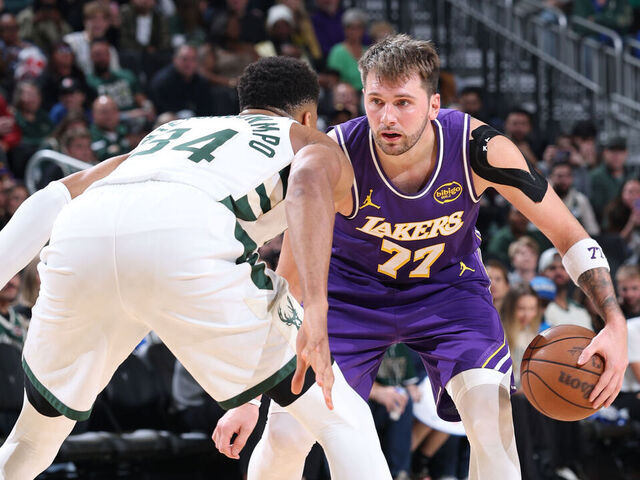 MILWAUKEE, WI - NOVEMBER 15: Luka Doncic #77 of the Los Angeles Lakers dribbles the ball during the game against the Milwaukee Bucks on November 15, 2025 at Fiserv Forum Center in Milwaukee, Wisconsin. Mandatory Copyright Notice: Copyright 2025 NBAE .