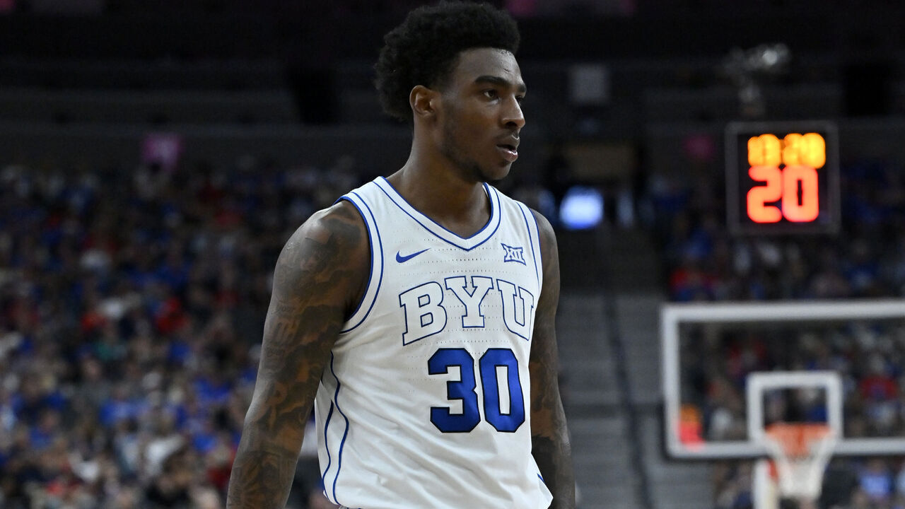 LAS VEGAS, NEVADA - NOVEMBER 03: Kennard Davis Jr. #30 of the BYU Cougars looks on during the first half of a Hall of Fame Series game against the Villanova Wildcats at T-Mobile Arena on November 03, 2025 in Las Vegas, Nevada. The Cougars defeated the Wildcats 71-66.