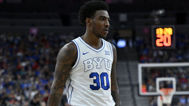 LAS VEGAS, NEVADA - NOVEMBER 03: Kennard Davis Jr. #30 of the BYU Cougars looks on during the first half of a Hall of Fame Series game against the Villanova Wildcats at T-Mobile Arena on November 03, 2025 in Las Vegas, Nevada. The Cougars defeated the Wildcats 71-66.