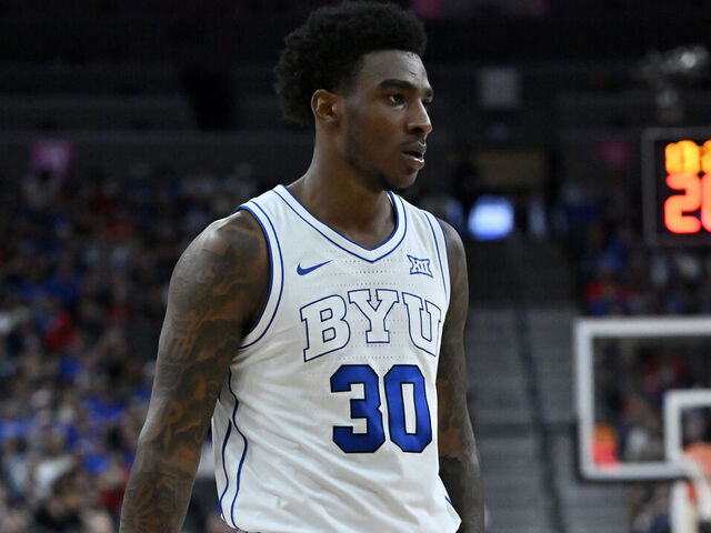LAS VEGAS, NEVADA - NOVEMBER 03: Kennard Davis Jr. #30 of the BYU Cougars looks on during the first half of a Hall of Fame Series game against the Villanova Wildcats at T-Mobile Arena on November 03, 2025 in Las Vegas, Nevada. The Cougars defeated the Wildcats 71-66.