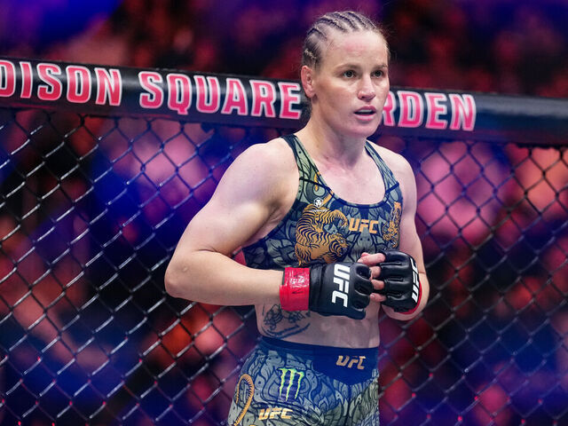 NEW YORK, NEW YORK - NOVEMBER 15: Valentina Shevchenko of Kyrgyzstan enters the Octagon in the UFC flyweight championship fight during the UFC 322 event at Madison Square Garden on November 15, 2025 in New York City.