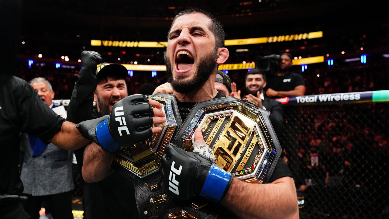 NEW YORK, NEW YORK - NOVEMBER 15: Islam Makhachev of Russia reacts to his win over Jack Della Maddalena of Australia in the UFC welterweight championship fight during the UFC 322 event at Madison Square Garden on November 15, 2025 in New York City.