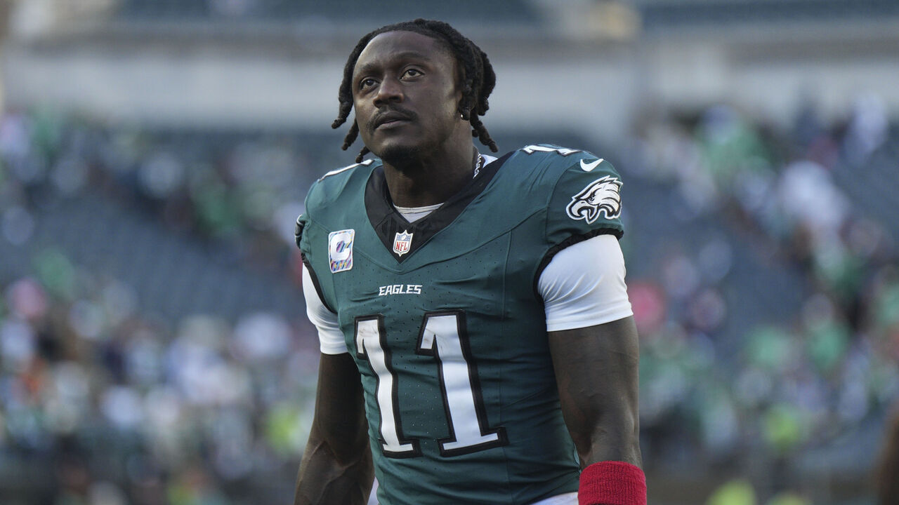 PHILADELPHIA, PA - OCTOBER 05: Philadelphia Eagles wide receiver A.J. Brown (11) looks on during the game between the Denver Broncos and the Philadelphia Eagles on October 5, 2025 at Lincoln Financial Field in Philadelphia, PA.