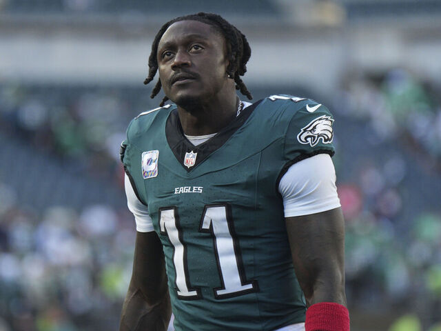 PHILADELPHIA, PA - OCTOBER 05: Philadelphia Eagles wide receiver A.J. Brown (11) looks on during the game between the Denver Broncos and the Philadelphia Eagles on October 5, 2025 at Lincoln Financial Field in Philadelphia, PA.