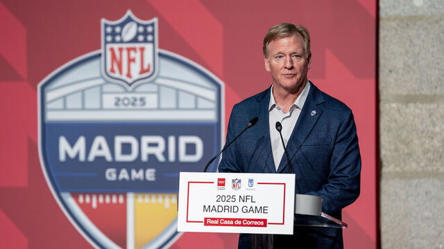 MADRID, SPAIN - NOVEMBER 14: NFL commissioner Roger Goodell speaks during a reception for representatives of the American Football League (NFL) on November 14, 2025, in Madrid, Spain. Ayuso received them on the occasion of this Sunday's game between the Miami Dolphins and the Washington Commanders at the Santiago Bernabeu stadium.