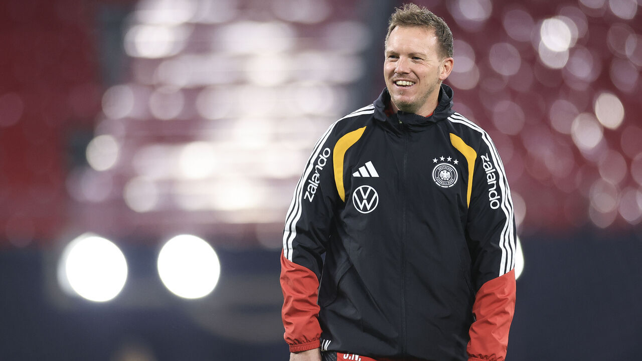 LEIPZIG, GERMANY - NOVEMBER 16: Julian Nagelsmann head coach of Germany looks on during a training session on November 16, 2025 in Leipzig, Germany. Germany is playing against Slovakia in FIFA World Cup 2026 qualifer game on November 17, 2025.