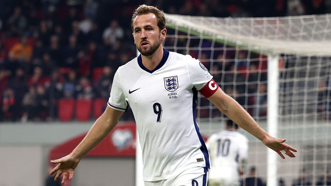 TIRANA, ALBANIA - NOVEMBER 16: Harry Kane of England celebrates scoring his team's second goal during the FIFA World Cup 2026 qualifier match between Albania and England at Air Albania Stadium on November 16, 2025 in Tirana, Albania.