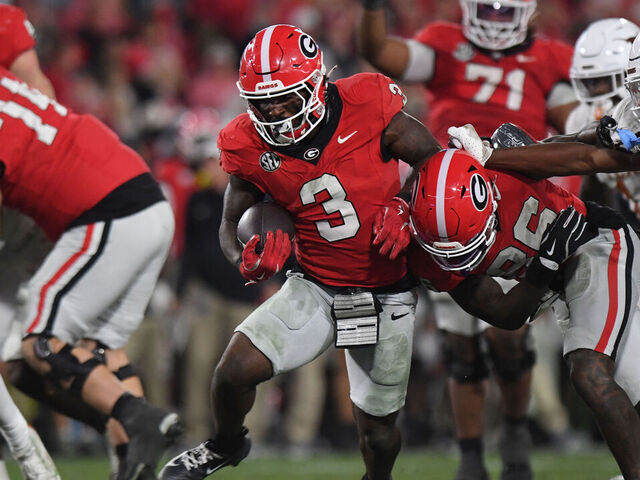ATHENS, GA - NOVEMBER 15: Running back Nate Frazier #3 of the Georgia Bulldogs rushes the ball during the college football game between the Texas Longhorns and the Georgia Bulldogs on November 15, 2025, at Sanford Stadium in Athens, GA.