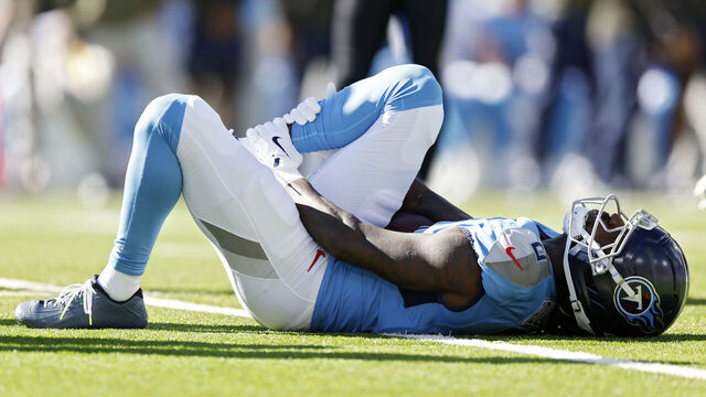 NASHVILLE, TENNESSEE - NOVEMBER 16: Calvin Ridley #0 of the Tennessee Titans on the field with an injury during the first quarter against the Houston Texans at Nissan Stadium on November 16, 2025 in Nashville, Tennessee.