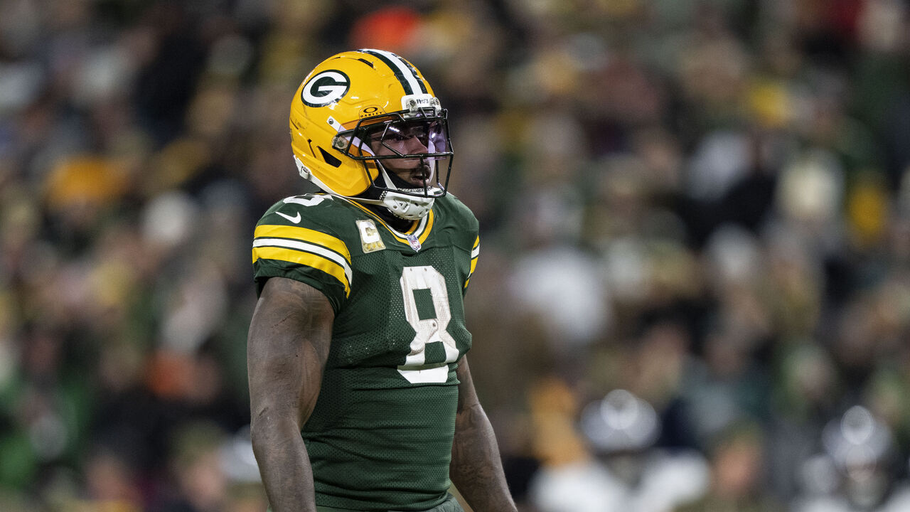 GREEN BAY, WISCONSIN - NOVEMBER 10: Josh Jacobs #8 of the Green Bay Packers looks on during an NFL football game against the Philadelphia Eagles at Lambeau Field on November 10, 2025 in Green Bay, Wisconsin.