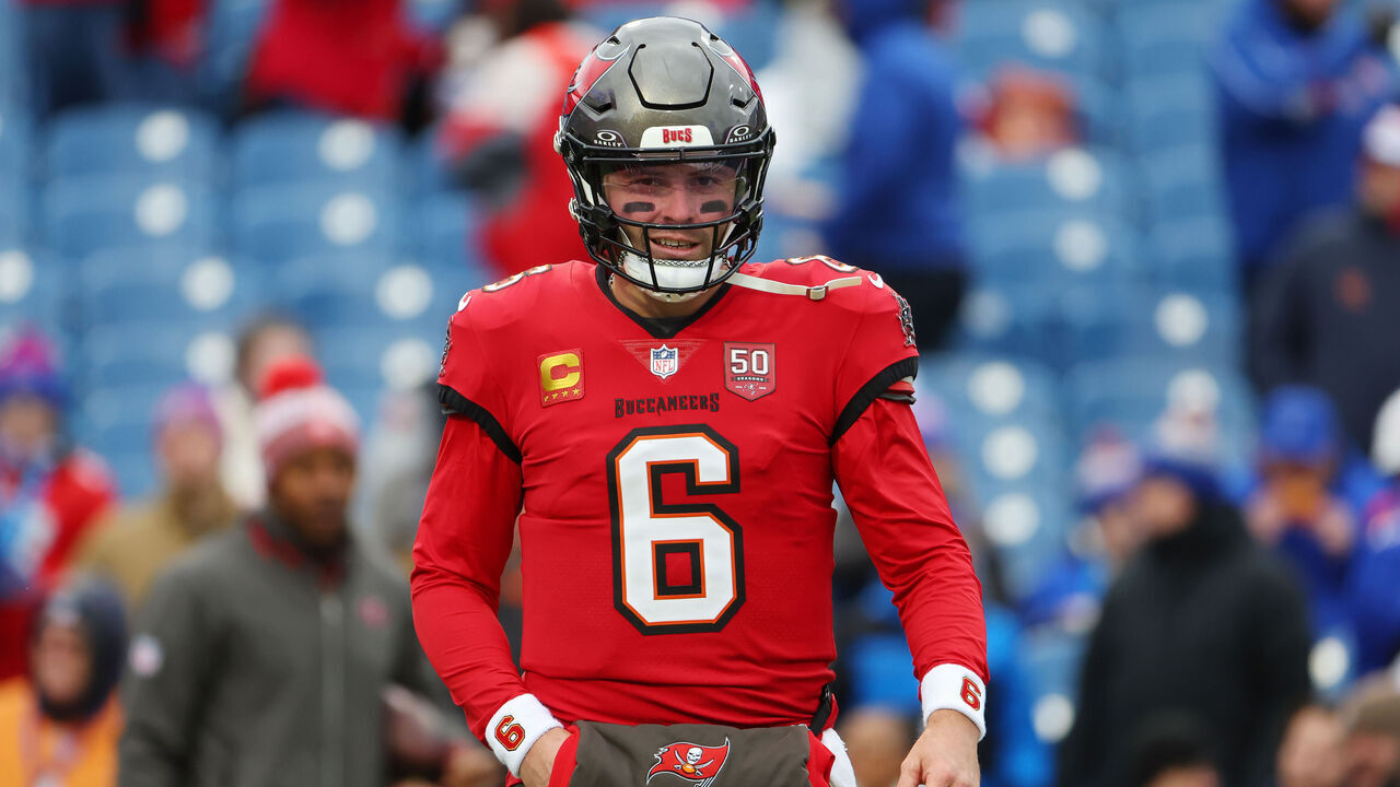 ORCHARD PARK, NEW YORK - NOVEMBER 16: Baker Mayfield #6 of the Tampa Bay Buccaneers looks on during warm ups prior to the game against the Buffalo Bills at Highmark Stadium on November 16, 2025 in Orchard Park, New York.