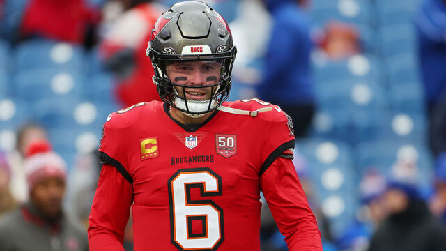 ORCHARD PARK, NEW YORK - NOVEMBER 16: Baker Mayfield #6 of the Tampa Bay Buccaneers looks on during warm ups prior to the game against the Buffalo Bills at Highmark Stadium on November 16, 2025 in Orchard Park, New York.