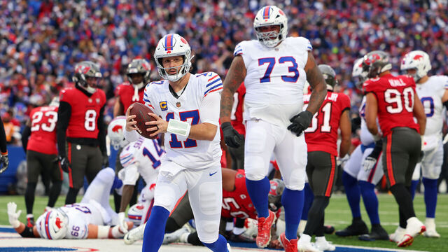 ORCHARD PARK, NEW YORK - NOVEMBER 16: Josh Allen #17 of the Buffalo Bills celebrates a touchdown during the first quarter against the Tampa Bay Buccaneers at Highmark Stadium on November 16, 2025 in Orchard Park, New York.
