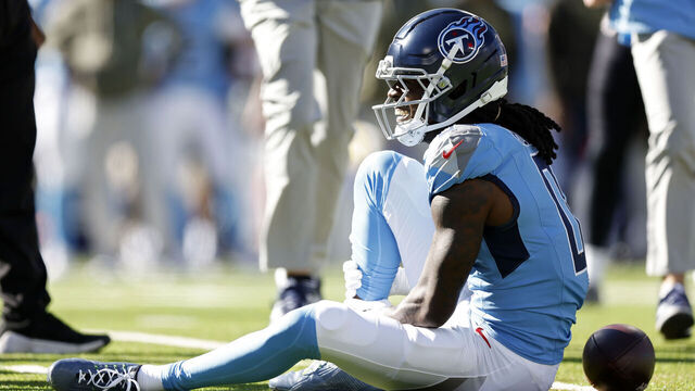 NASHVILLE, TENNESSEE - NOVEMBER 16: Calvin Ridley #0 of the Tennessee Titans on the field with an injury during the first quarter against the Houston Texans at Nissan Stadium on November 16, 2025 in Nashville, Tennessee.