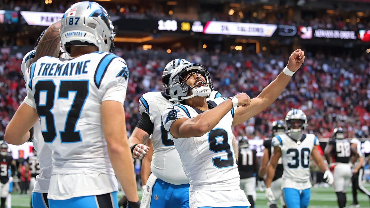 ATLANTA, GEORGIA - NOVEMBER 16: Bryce Young #9 of the Carolina Panthers celebrates a touchdown during the fourth quarter against the Atlanta Falcons at Mercedes-Benz Stadium on November 16, 2025 in Atlanta, Georgia.