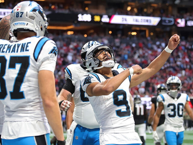 ATLANTA, GEORGIA - NOVEMBER 16: Bryce Young #9 of the Carolina Panthers celebrates a touchdown during the fourth quarter against the Atlanta Falcons at Mercedes-Benz Stadium on November 16, 2025 in Atlanta, Georgia.