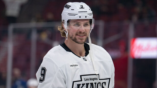 MONTREAL, QC - NOVEMBER 11: Adrian Kempe (9) of the Los Angeles Kings looks on during the warm-up period of the NHL game between the Los Angeles Kings and the Montreal Canadiens on Nov 11, 2025, at the Bell Centre in Montreal, QC