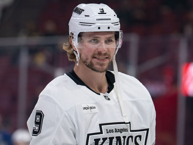 MONTREAL, QC - NOVEMBER 11: Adrian Kempe (9) of the Los Angeles Kings looks on during the warm-up period of the NHL game between the Los Angeles Kings and the Montreal Canadiens on Nov 11, 2025, at the Bell Centre in Montreal, QC