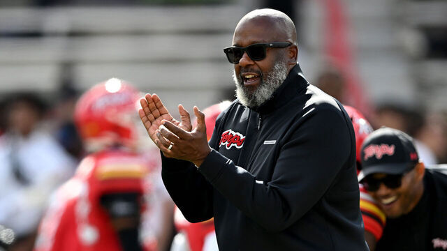 COLLEGE PARK, MARYLAND - OCTOBER 11: Head coach Michael Locksley of the Maryland Terrapins watches the teams warm up before the game against the Nebraska Cornhuskers at SECU Stadium on October 11, 2025 in College Park, Maryland.