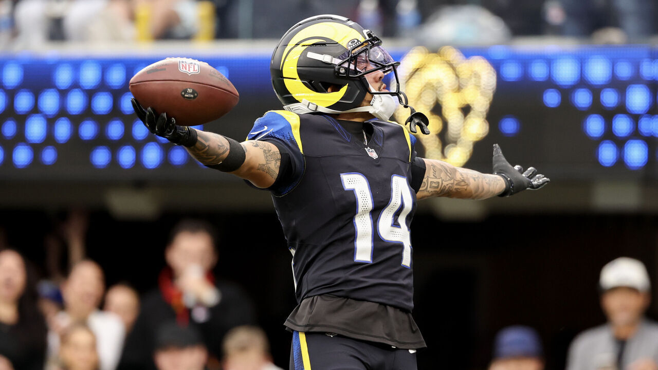 INGLEWOOD, CALIFORNIA - NOVEMBER 16: Cobie Durant #14 of the Los Angeles Rams celebrates an interception against the Seattle Seahawks during the third quarter at SoFi Stadium on November 16, 2025 in Inglewood, California.