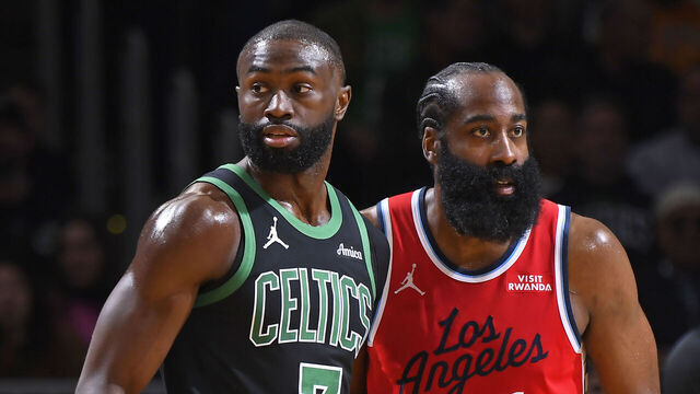 BOSTON, MA - NOVEMBER 16: Jaylen Brown #7 of the Boston Celtics and James Harden #1 of the LA Clippers looks on during the game on November 16, 2025 at TD Garden in Boston, Massachusetts. NOTE TO USER: User expressly acknowledges and agrees that, by downloading and/or using this Photograph, user is consenting to the terms and conditions of the Getty Images License Agreement. Mandatory Copyright Notice: Copyright 2025 NBAE