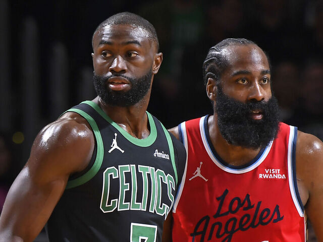 BOSTON, MA - NOVEMBER 16: Jaylen Brown #7 of the Boston Celtics and James Harden #1 of the LA Clippers looks on during the game on November 16, 2025 at TD Garden in Boston, Massachusetts. NOTE TO USER: User expressly acknowledges and agrees that, by downloading and/or using this Photograph, user is consenting to the terms and conditions of the Getty Images License Agreement. Mandatory Copyright Notice: Copyright 2025 NBAE