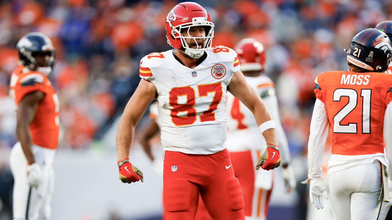 DENVER, COLORADO - NOVEMBER 16: Travis Kelce #87 of the Kansas City Chiefs reacts after a play against the Denver Broncos during the third quarter at Empower Field At Mile High on November 16, 2025 in Denver, Colorado.