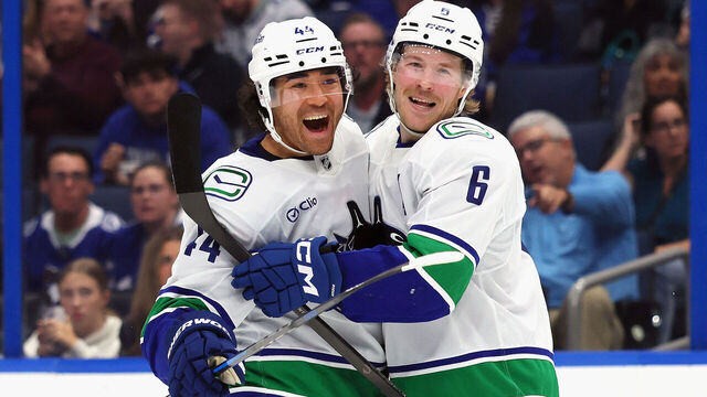 TAMPA, FLORIDA - NOVEMBER 16: Kiefer Sherwood #44 of the Vancouver Canucks celebrates his third period game-tying goal against the Tampa Bay Lightning and is joined by Brock Boeser #6 at Benchmark International Arena on November 16, 2025 in Tampa, Florida.