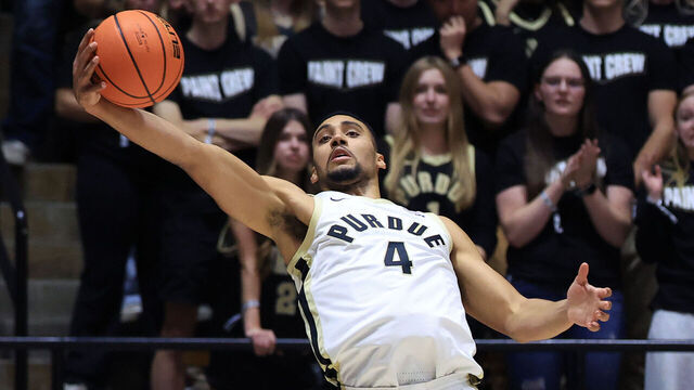WEST LAFAYETTE, INDIANA - NOVEMBER 16: Trey Kaufman-Renn #4 of the Purdue Boilermakers receives a pass in action against the Akron Zips at Mackey Arena on November 16, 2025 in West Lafayette, Indiana.