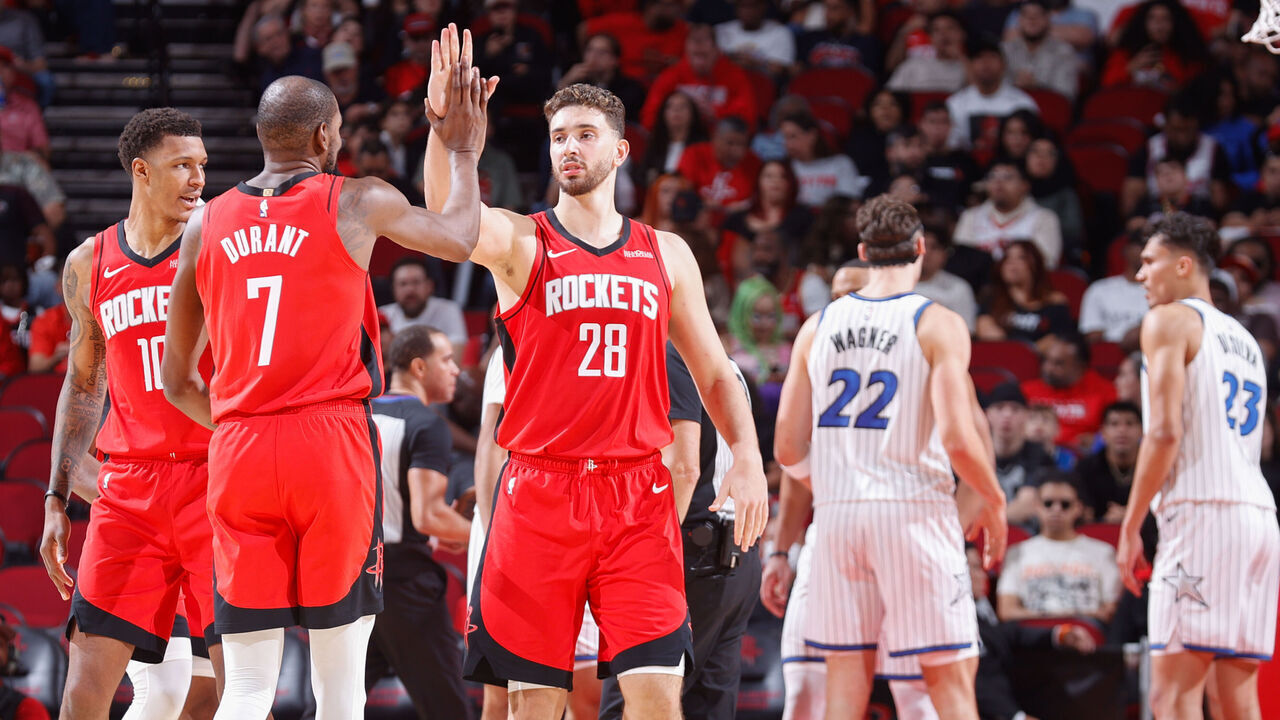 HOUSTON, TX - NOVEMBER 16: Alperen Sengun #28 and Kevin Durant #7 of the Houston Rockets celebrate during the game against the Orlando Magic on November 16, 2025 at the Toyota Center in Houston, Texas. Mandatory Copyright Notice: Copyright 2025 NBAE