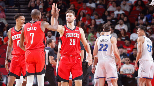 HOUSTON, TX - NOVEMBER 16: Alperen Sengun #28 and Kevin Durant #7 of the Houston Rockets celebrate during the game against the Orlando Magic on November 16, 2025 at the Toyota Center in Houston, Texas. Mandatory Copyright Notice: Copyright 2025 NBAE