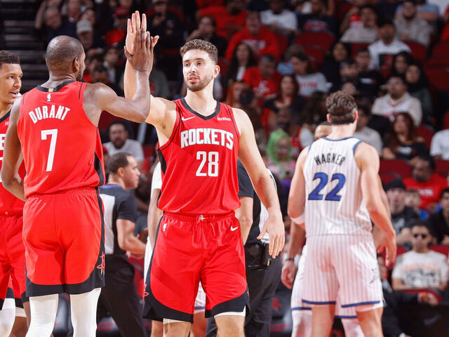 HOUSTON, TX - NOVEMBER 16: Alperen Sengun #28 and Kevin Durant #7 of the Houston Rockets celebrate during the game against the Orlando Magic on November 16, 2025 at the Toyota Center in Houston, Texas. Mandatory Copyright Notice: Copyright 2025 NBAE