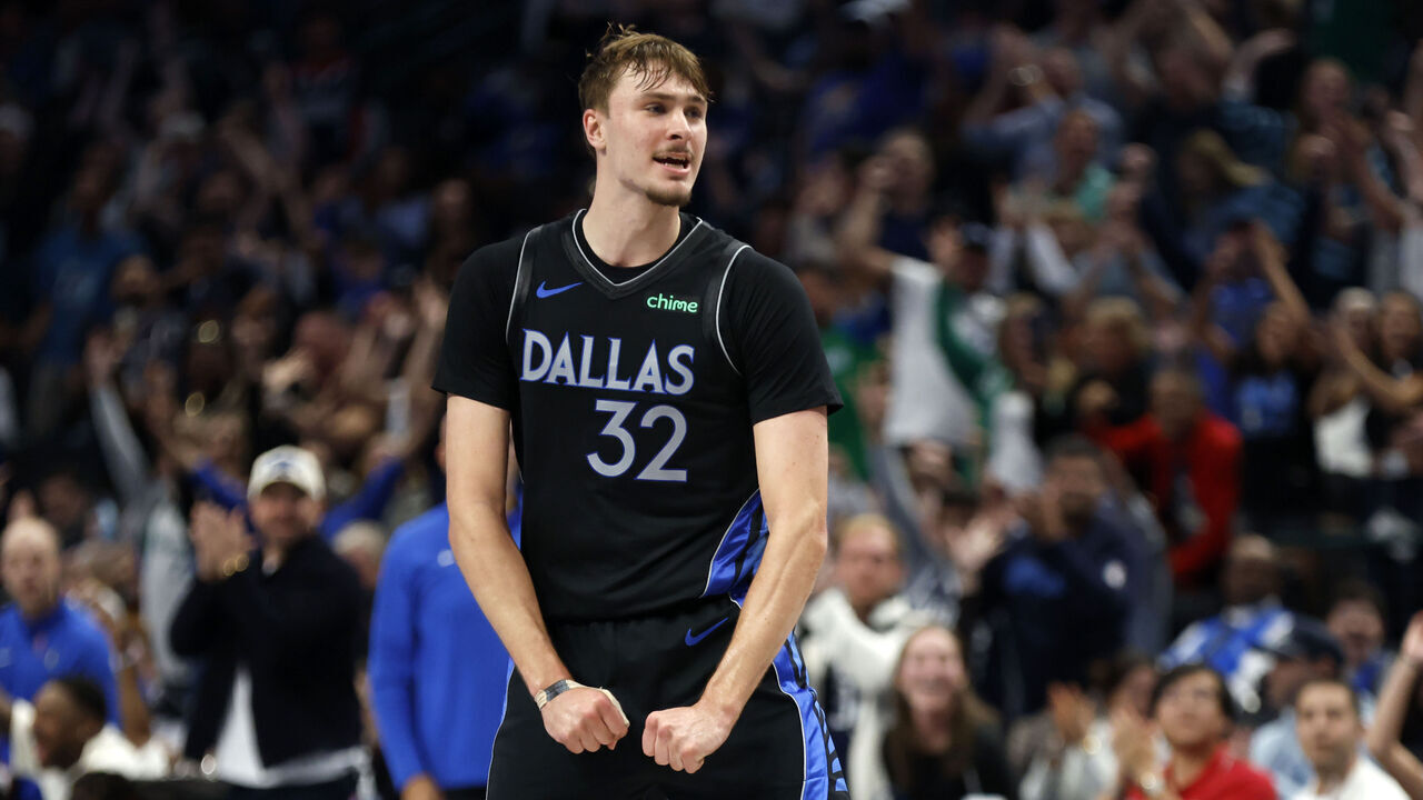 DALLAS, TEXAS - NOVEMBER 16: Cooper Flagg #32 of the Dallas Mavericks reacts during the second half of the game against the Portland Trail Blazers at American Airlines Center on November 16, 2025 in Dallas, Texas.