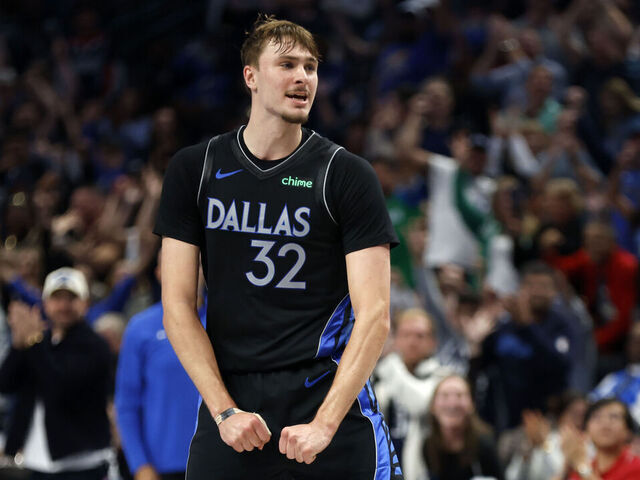 DALLAS, TEXAS - NOVEMBER 16: Cooper Flagg #32 of the Dallas Mavericks reacts during the second half of the game against the Portland Trail Blazers at American Airlines Center on November 16, 2025 in Dallas, Texas.