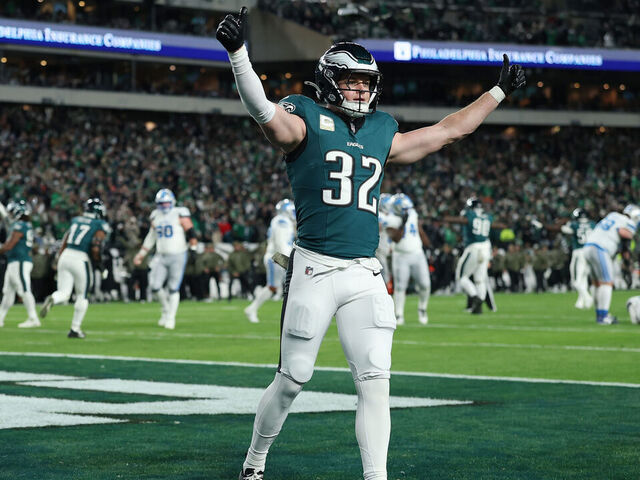 PHILADELPHIA, PENNSYLVANIA - NOVEMBER 16: Reed Blankenship #32 of the Philadelphia Eagles reacts to a defensive stop during the second half of a game against the Detroit Lions at Lincoln Financial Field on November 16, 2025 in Philadelphia, Pennsylvania.