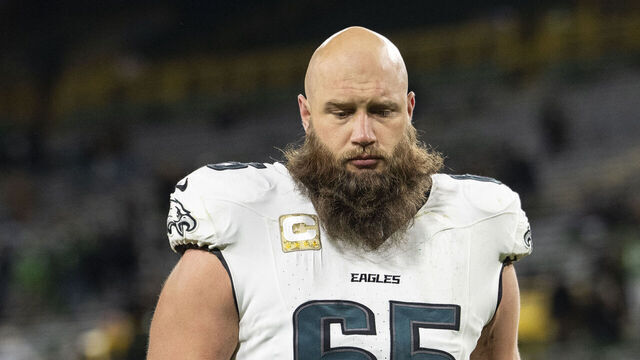 GREEN BAY, WISCONSIN - NOVEMBER 10: Lane Johnson #65 of the Philadelphia Eagles looks on following an NFL football game against the Green Bay Packers at Lambeau Field on November 10, 2025 in Green Bay, Wisconsin.