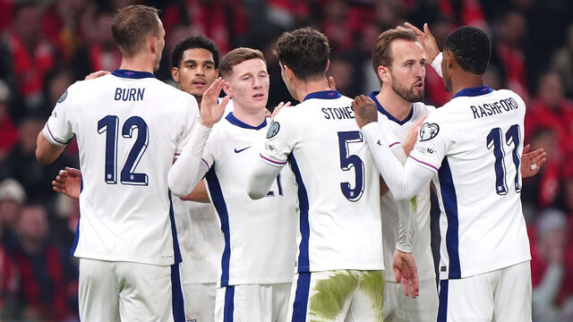 England's Harry Kane (second right) celebrates scoring their side's second goal of the game with team-mates during the FIFA World Cup European Qualifying match at the Air Albania Stadium, Tirane. Picture date: Sunday November 16, 2025.