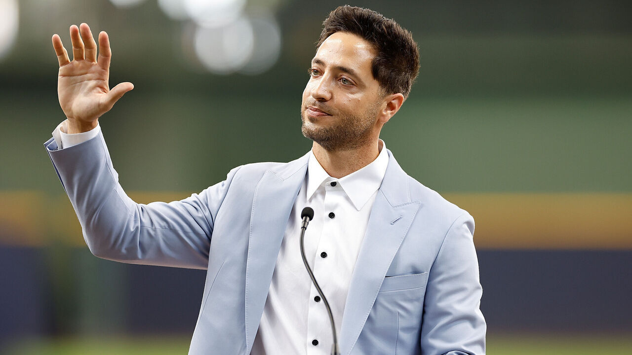 MILWAUKEE, WISCONSIN - JULY 28: Ryan Braun speaks during his Walk of Fame ceremony before the game against the Miami Marlins at American Family Field on July 28, 2024 in Milwaukee, Wisconsin.