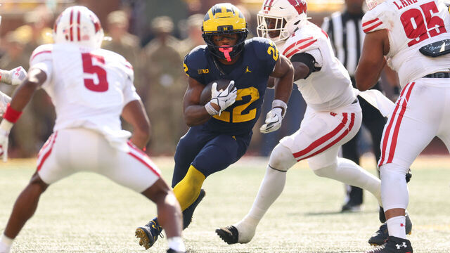 ANN ARBOR, MICHIGAN - OCTOBER 04: Justice Haynes #22 of the Michigan Wolverines plays against the Wisconsin Badgers at Michigan Stadium on October 04, 2025 in Ann Arbor, Michigan.