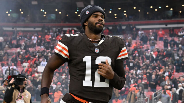 CLEVELAND, OHIO - NOVEMBER 16: Quarterback Shedeur Sanders #12 of the Cleveland Browns runs onto the field before the NFL 2025 game against the Baltimore Ravens at Huntington Bank Field on November 16, 2025, in Cleveland, Ohio. The Ravens defeated the Browns 23-16.