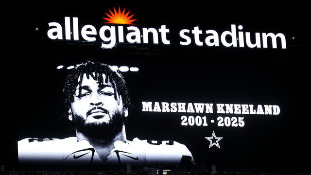 LAS VEGAS, NEVADA - NOVEMBER 17: The video board shows an image of Marshawn Kneeland during a moment of silence before the game between the Las Vegas Raiders and the Dallas Cowboys at Allegiant Stadium on November 17, 2025 in Las Vegas, Nevada.