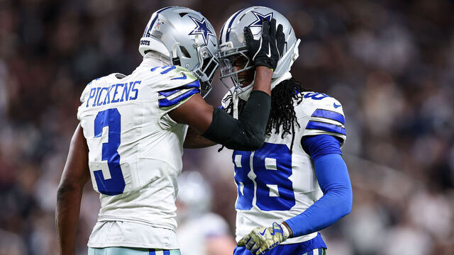 LAS VEGAS, NEVADA - NOVEMBER 17: George Pickens #3 and CeeDee Lamb #88 of the Dallas Cowboys celebrate after a touchdown during the game against the Las Vegas Raiders at Allegiant Stadium on November 17, 2025 in Las Vegas, Nevada.