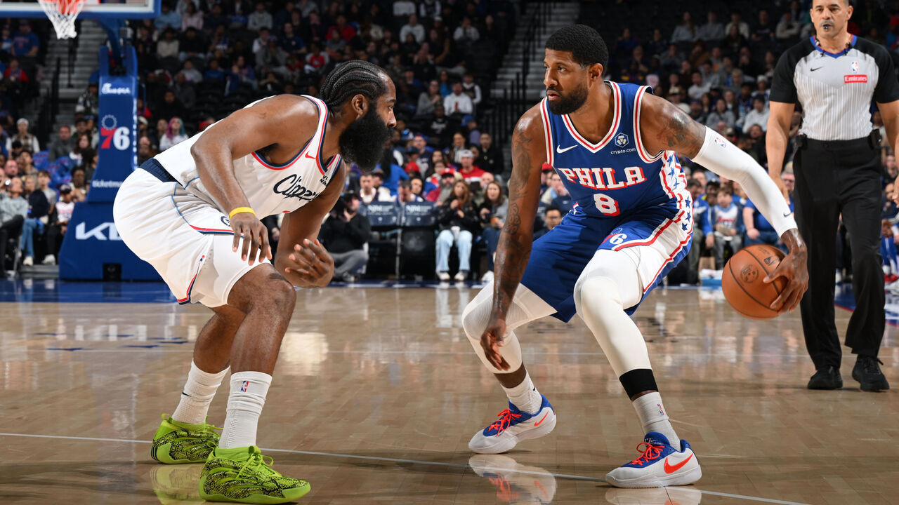 PHILADELPHIA, PA - NOVEMBER 17: James Harden #1 of the LA Clippers guards Paul George #8 of the Philadelphia 76ers during the game on November 17, 2025 at the Wells Fargo Center in Philadelphia, Pennsylvania NOTE TO USER: User expressly acknowledges and agrees that, by downloading and/or using this Photograph, user is consenting to the terms and conditions of the Getty Images License Agreement. Mandatory Copyright Notice: Copyright 2025 NBAE
