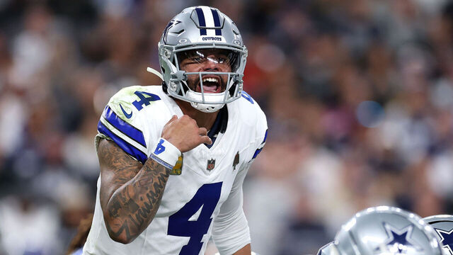 LAS VEGAS, NEVADA - NOVEMBER 17: Dak Prescott #4 of the Dallas Cowboys reacts at the line of scrimmage against the Las Vegas Raiders during the second quarter at Allegiant Stadium on November 17, 2025 in Las Vegas, Nevada.