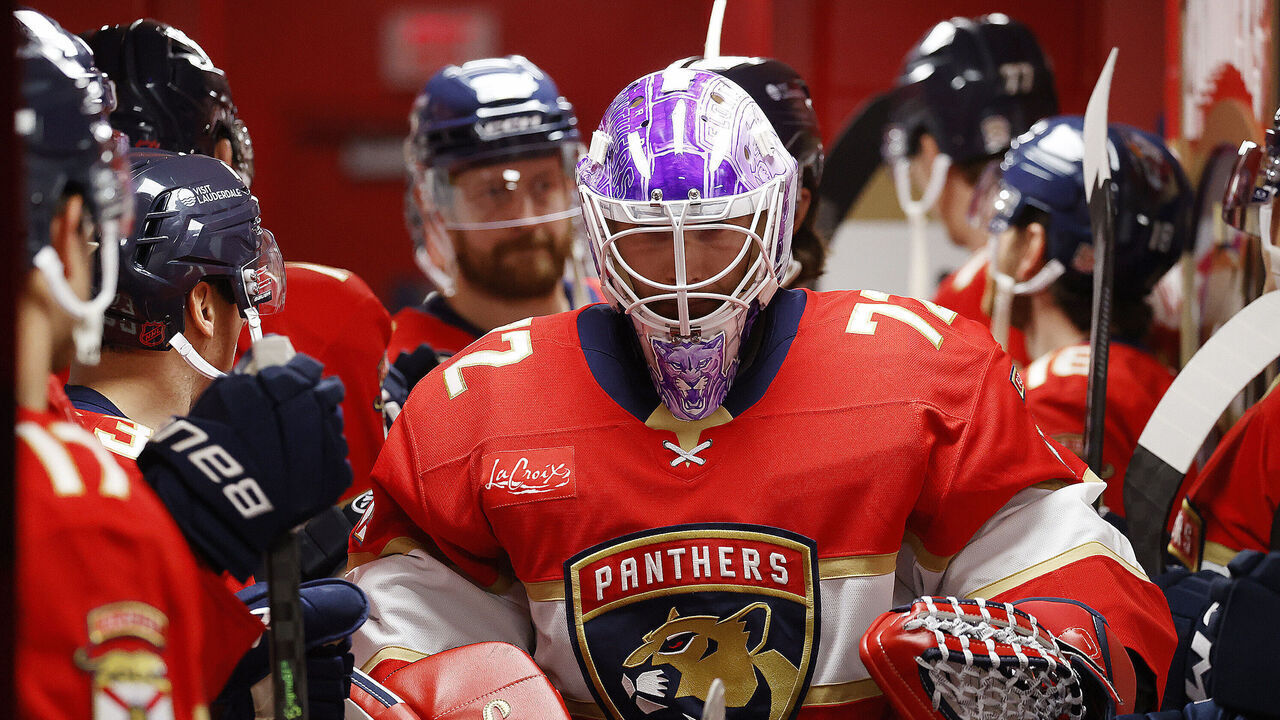 SUNRISE, FLORIDA - NOVEMBER 17: Goaltender Sergei Bobrovsky #72 of the Florida Panthers heads to the ice prior to the start of the game against the Vancouver Canucks at the Amerant Bank Arena on November 17,2025 in Sunrise, Florida.