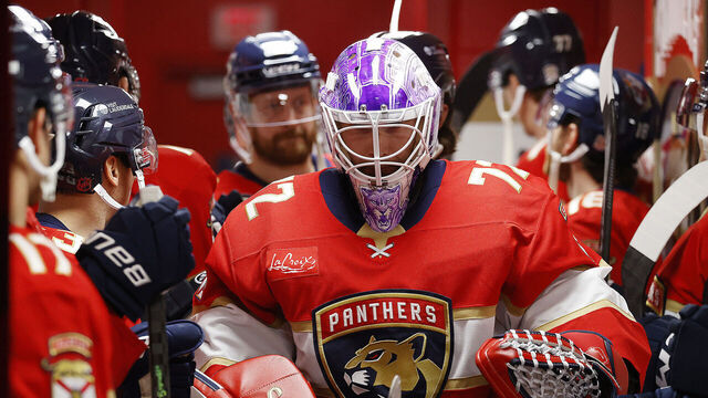 SUNRISE, FLORIDA - NOVEMBER 17: Goaltender Sergei Bobrovsky #72 of the Florida Panthers heads to the ice prior to the start of the game against the Vancouver Canucks at the Amerant Bank Arena on November 17,2025 in Sunrise, Florida.