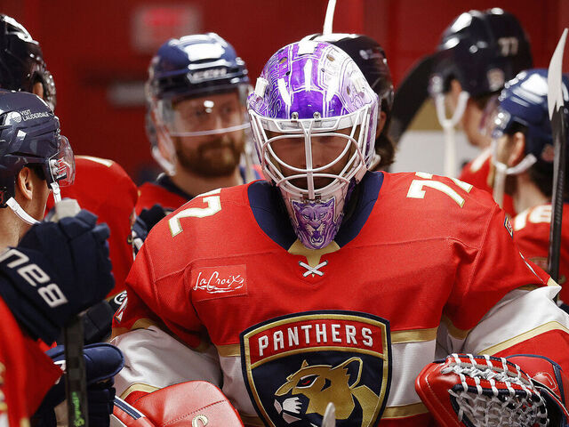 SUNRISE, FLORIDA - NOVEMBER 17: Goaltender Sergei Bobrovsky #72 of the Florida Panthers heads to the ice prior to the start of the game against the Vancouver Canucks at the Amerant Bank Arena on November 17,2025 in Sunrise, Florida.