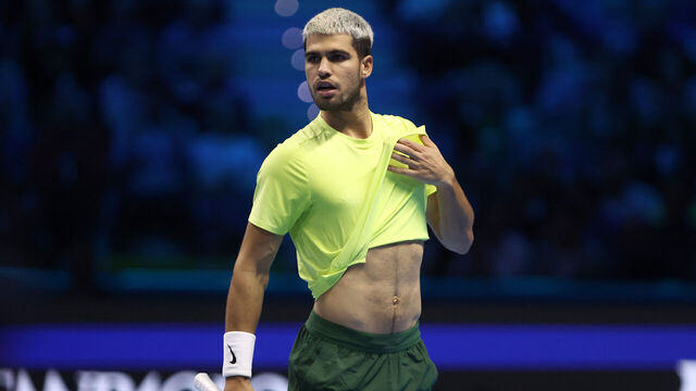 INALPI ARENA, TORINO, ITALY - 2025/11/16: Carlos Alcaraz of Spain looks on during the final singles match between Carlos Alcaraz of Spain and Jannik Sinner of Italy on Day eight of the Nitto ATP World Tour Finals. Jannik Sinner wins 7-6. 7-5 over Carlos Alcaraz.